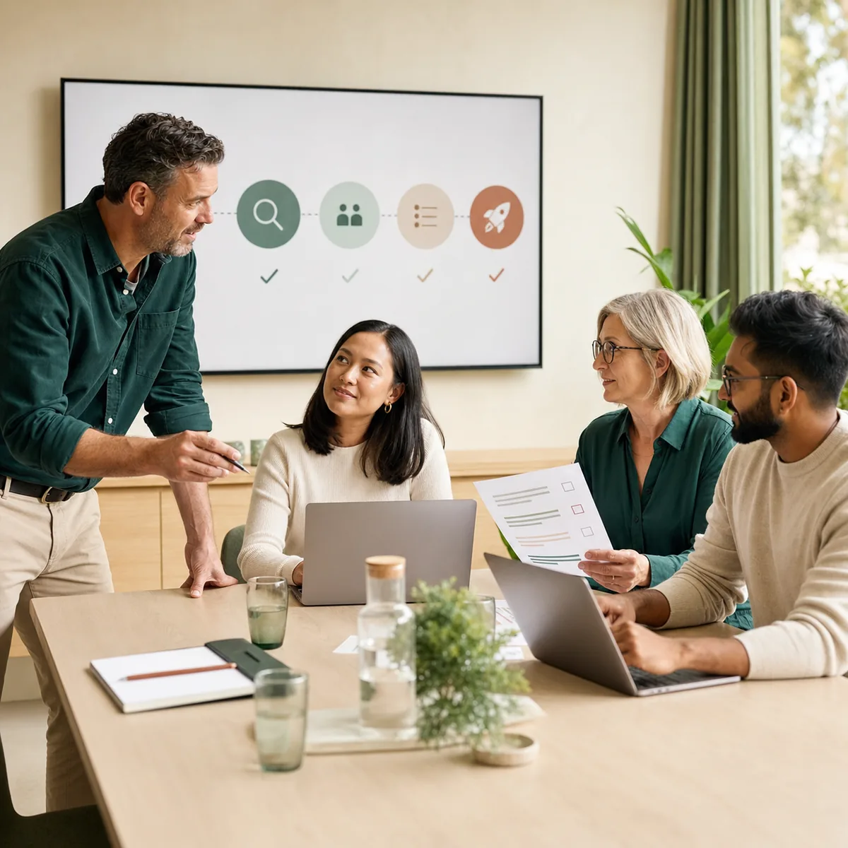 Consultant guiding a business team through a practical AI rollout workshop